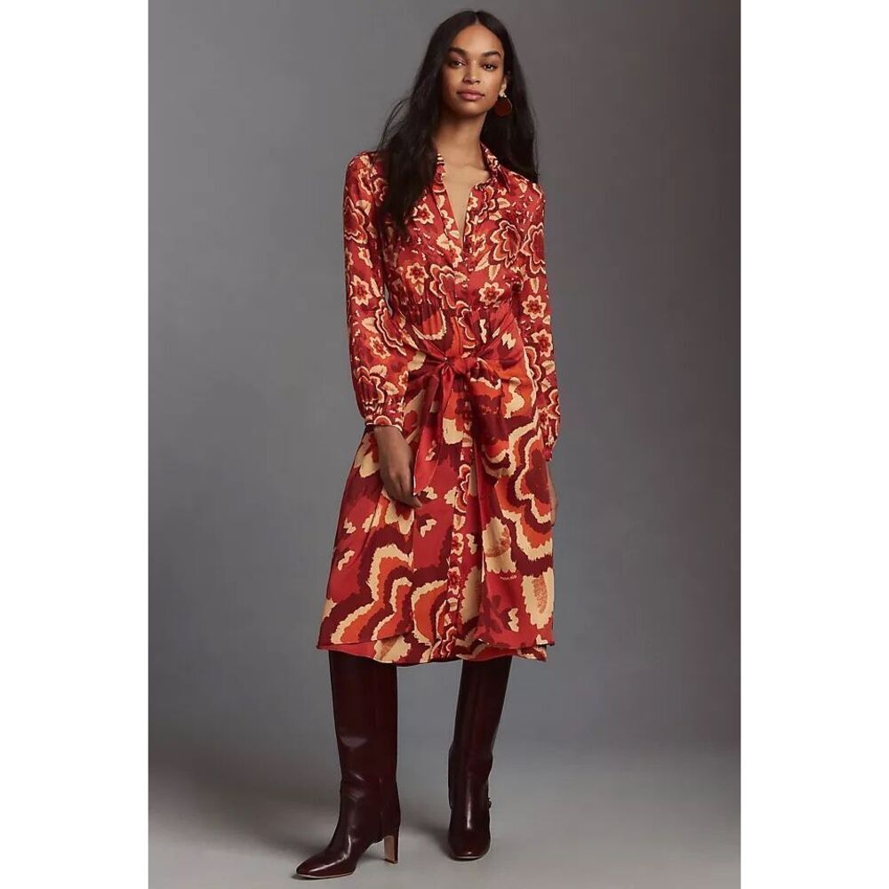 Farm Rio Long-Sleeve V-Neck Floral Midi Shirt Dress women's size medium